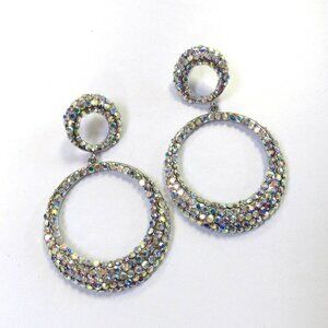 Silver Iridescent Circle Drop Rhinestone Crystal Dangle Earrings Wedding Evening
